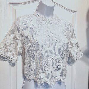 Peach Women's Lace Cropped Top-Distressed Bottom-Sz. Med.-White-See thru-Embroid